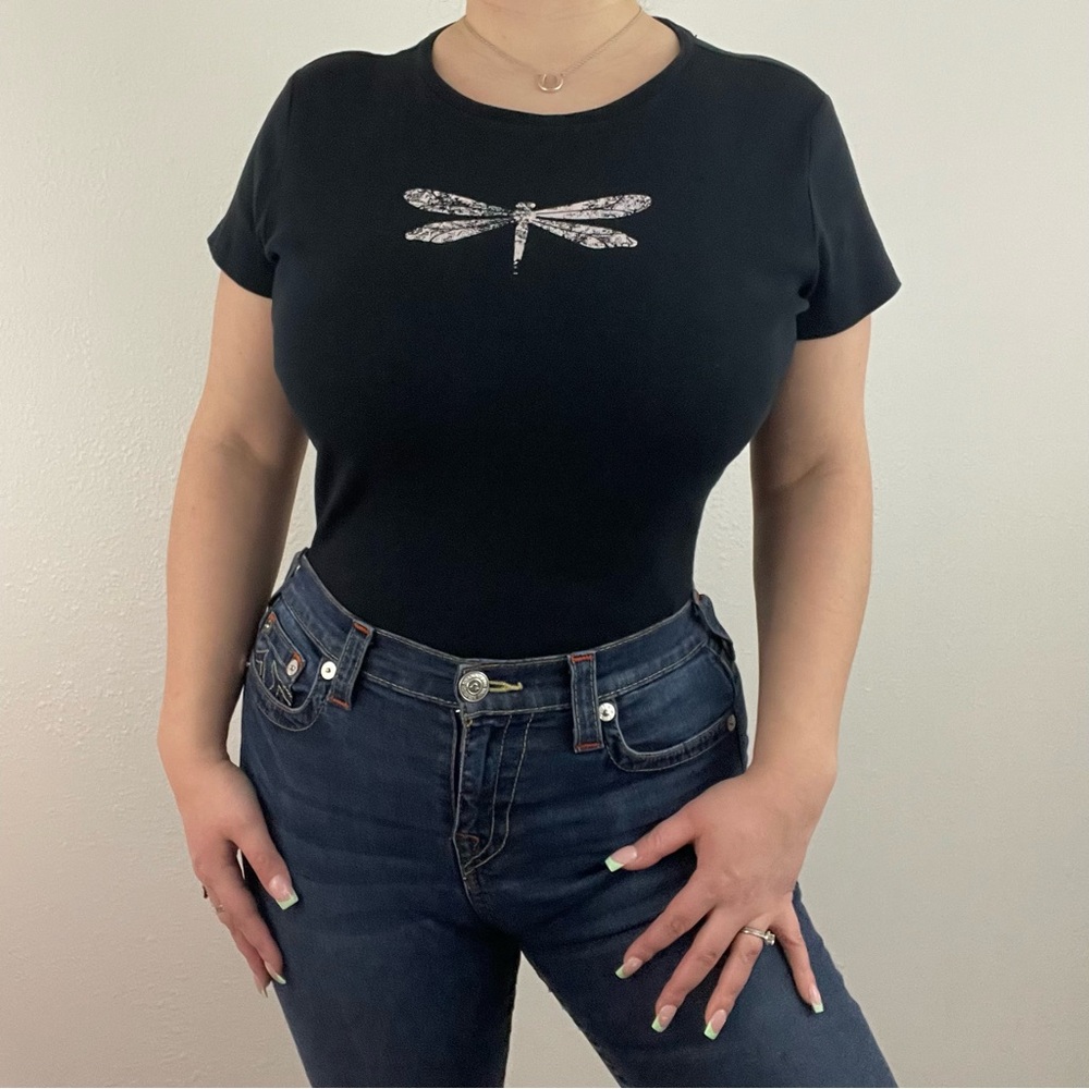 TALBOTS Vintage Y2K Black White Crewneck Dragonfly Graphic Short Sleeve Tee